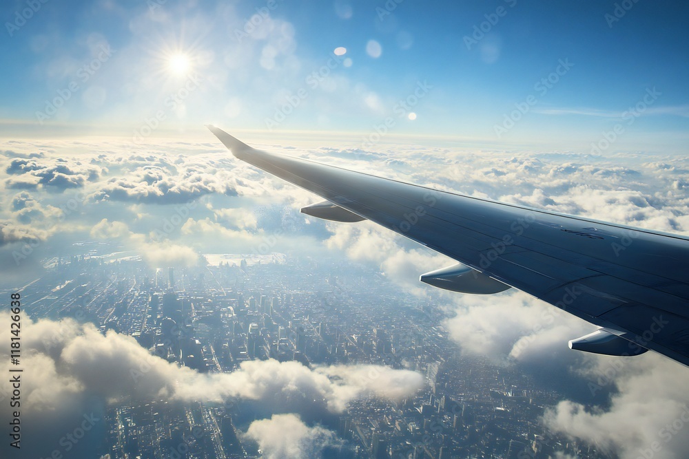 Morning flight with sunlight wing of plane over city view airplane flying above clouds blue sky scenic view from window commercial airline flight mechanics concept Morning flight with sunlight wing of plane over city view airplane flying above clouds blue sky scenic view from window commercial airline flight mechanics concept