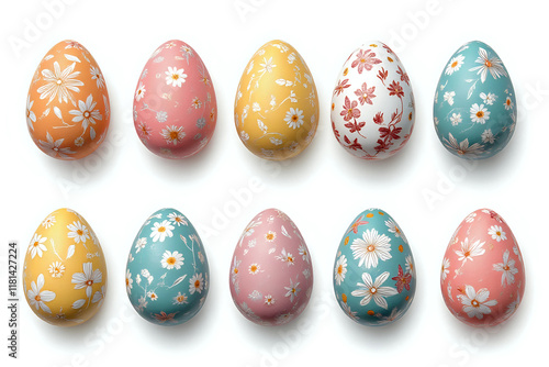 Collection of colourful hand painted decorated easter eggs on white background cutout file. Pattern and floral set photo