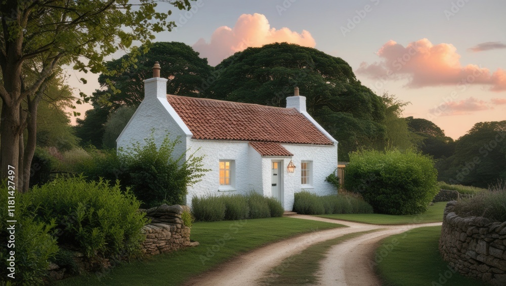 Fototapeta premium A Serene White Cottage in a Lush Garden