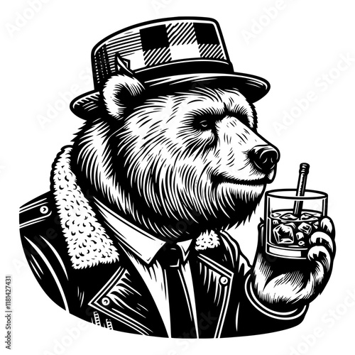 Bear with Hat and Drink engraving vector