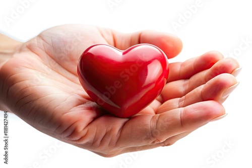 A tilted miniature red heart, isolated on white, evokes romance in a close-up, tilt-shift photo.