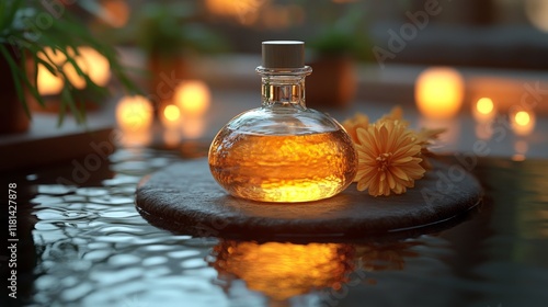 Elegant glass bottle of fragrance displayed in natural light with soft shadow...