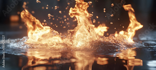 3D animation picture showcasing all the challanges of high end 3d animation like ray tracing liquid and flame animating
 photo