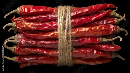 Red chili peppers tied with twine on a black background highlighting their vi...