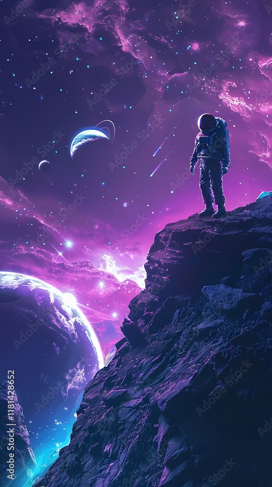 Fototapeta premium Digital technology blue and purple space astronaut poster background