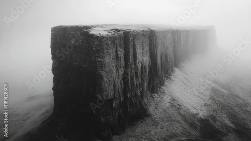 Majestic cliff rising from foggy landscape during early morning hours in a re...