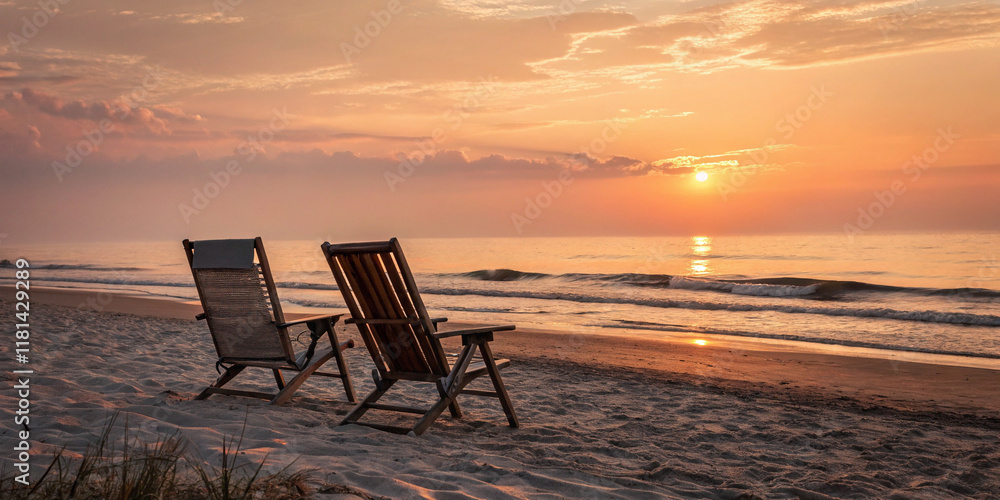 Two Empty Beach Chairs Sit Side by Side on Sandy Shores, Awaiting Relaxation and Serenity Two Empty Beach Chairs Sit Side by Side on Sandy Shores, Awaiting Relaxation and Serenity