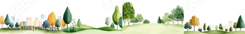 Watercolor of eco-friendly concept, serene landscape featuring lush trees and colorful houses, showcasing the beauty of nature and vibrant community life. Isolate on white background set