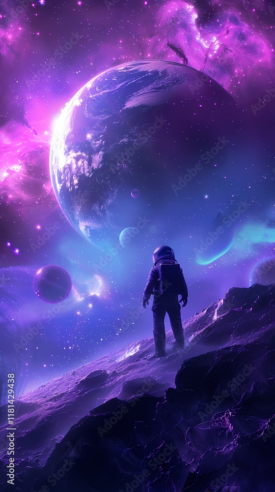 Obraz premium Digital technology blue and purple space astronaut poster background
