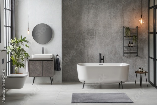 Modern minimalist bathroom design with freestanding tub and sleek fixtures