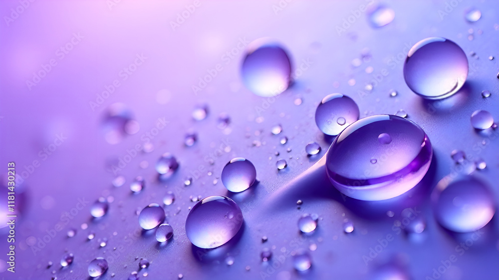 Abstract Background. A close-up image that captures intricate details of water droplets on a surface, in blue and purple shades.