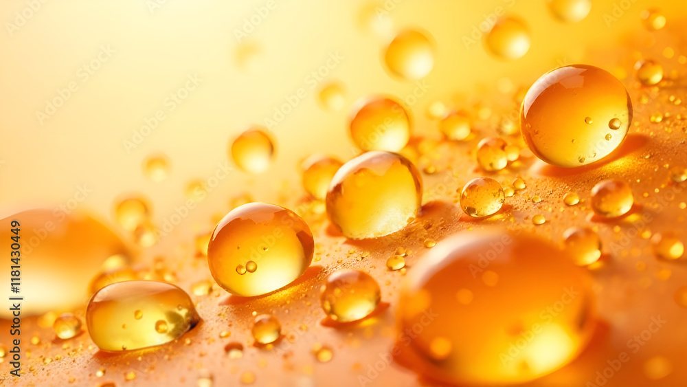 Abstract Background. A close-up image that captures intricate details of water droplets on a surface, in yellow and amber shades.