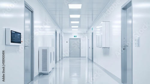 Sterile corridor, bright lighting, sleek doors, control panel.