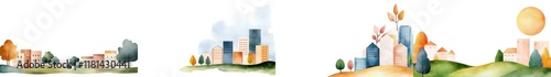 Watercolor of eco-friendly concept, A whimsical watercolor illustration depicting a vibrant skyline with trees, sun, and various building styles. Isolate on white background set