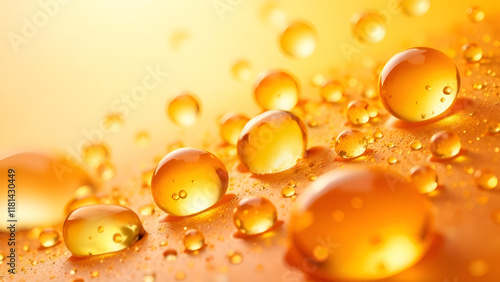 Obraz na płótnie Abstract Background. A close-up image that captures intricate details of water droplets on a surface, in yellow and amber shades. w salonie