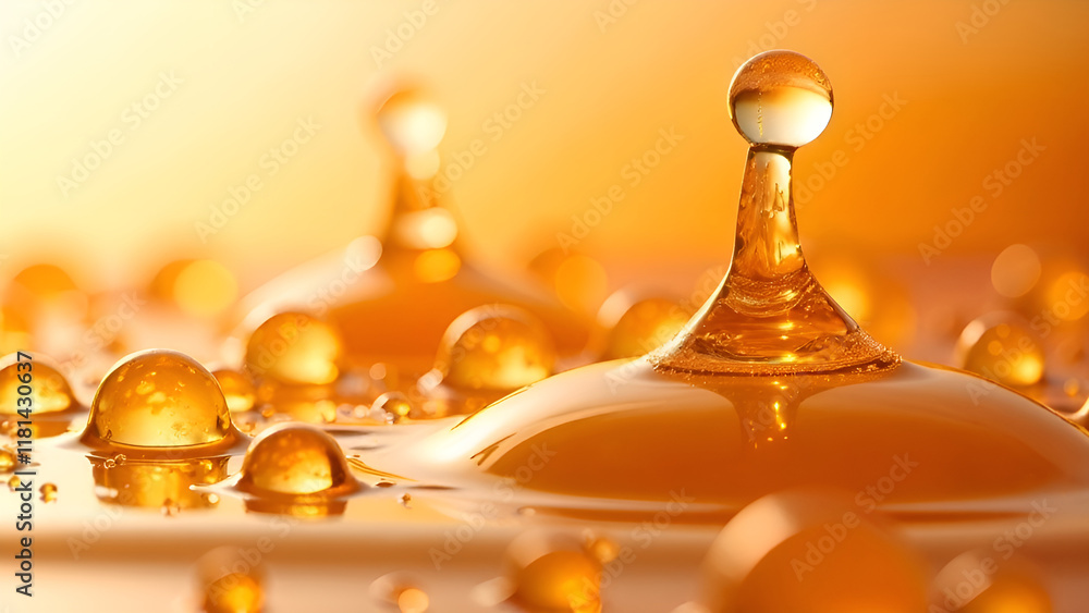 Abstract Background. A close-up image that captures intricate details of water droplets on a surface, in yellow and amber shades.