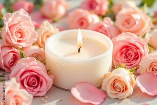 Soft pink roses arrangement with calming mood, centered around a glowing candle, against a bright background