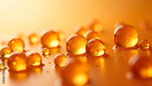 Obraz na płótnie Abstract Background. A close-up image that captures intricate details of water droplets on a surface, in yellow and amber shades. w salonie