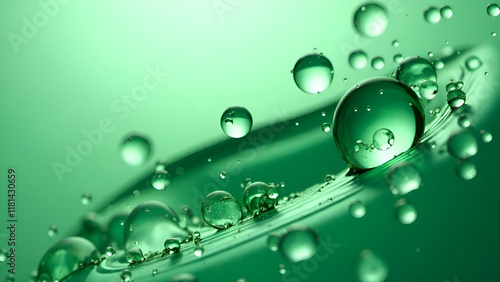 Abstract Background. A close-up image that captures intricate details of water droplets on a surface, in green shades.