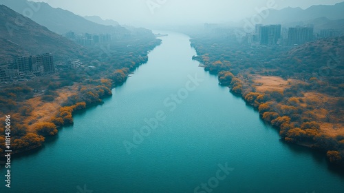 Serene river flowing between cliffs shrouded in fog during early morning hours