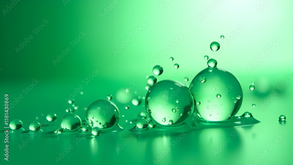 Abstract Background. A close-up image that captures intricate details of water droplets on a surface, in green shades.