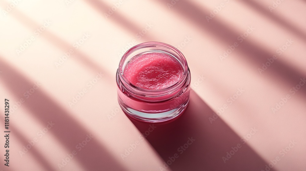 Soft pink cosmetic jar on a pastel table with sunlight streaming through a window in a serene setting Soft pink cosmetic jar on a pastel table with sunlight streaming through a window in a serene setting
