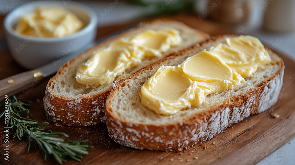 Slices of bread with butter and rosemary on a wooden board Slices of bread with butter and rosemary on a wooden board