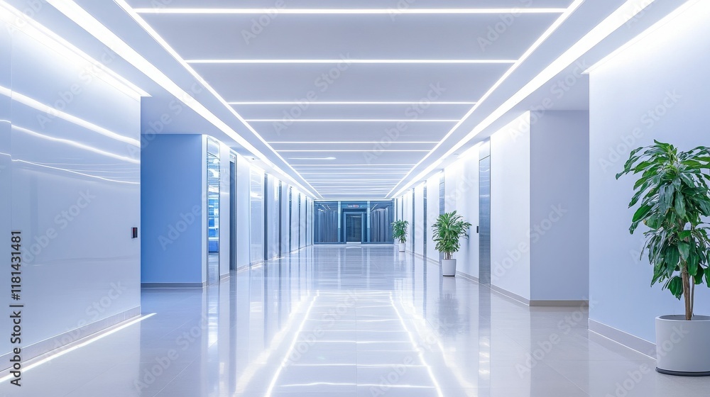 Bright hallway, sleek design, plants, modern architecture. Bright hallway, sleek design, plants, modern architecture.