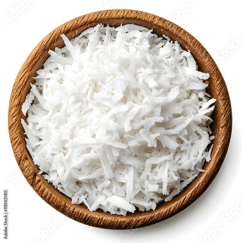 White grated coconut in a wooden bowl, isolated on a white background with a clipping path, top view. High-quality photo. 
