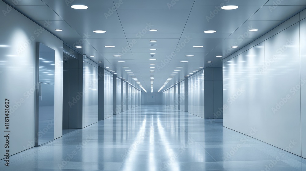 Bright, long hallway; smooth walls, floor, ceiling lights. Bright, long hallway; smooth walls, floor, ceiling lights.