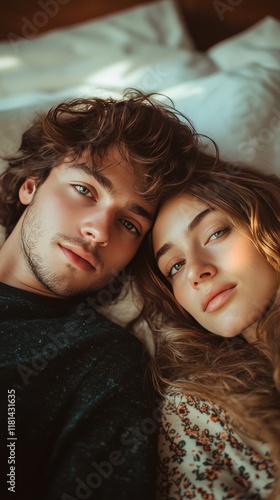 Couple relaxing together on a cozy bed with warm colors in a casual indoor se...