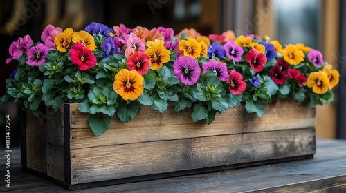 Colorful flower box filled with vibrant blooms in a wooden planter
