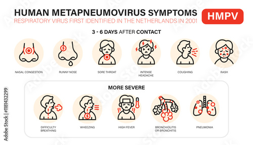 Human metapneumovirus symptoms icons. Set of hmpv symptoms icons in flat outline style. Set of modern and concise icons metapneumovirus, hMPV. Vector illustration