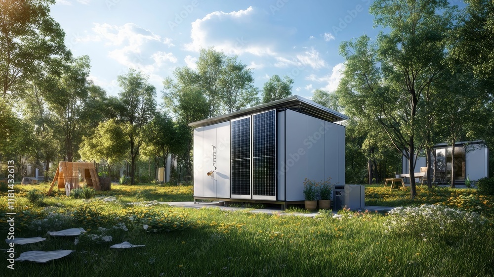 Solar-powered structure sits amidst blooming wildflowers. Solar-powered structure sits amidst blooming wildflowers.