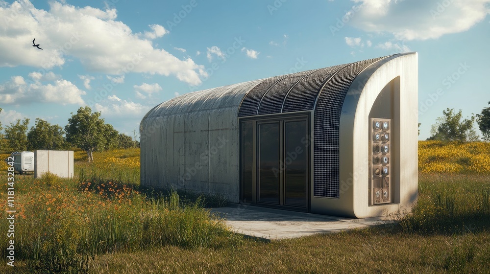 Futuristic concrete dwelling, grassy field, sunny day. Futuristic concrete dwelling, grassy field, sunny day.