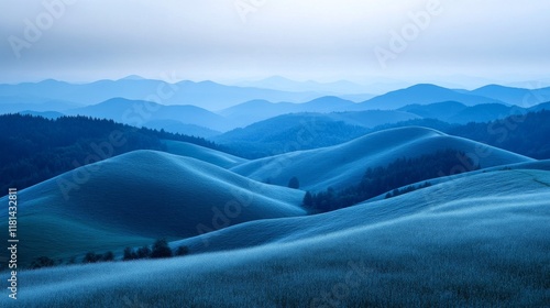 Majestic mountains bathed in soft blue hues during sunrise light