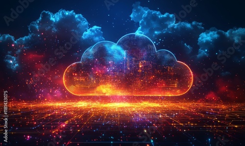 Technology, abstract and cloud in cyber space on grid for connectivity, global internet matrix and digital download. Cybersecurity, big data and futuristic information storage with, Generative AI