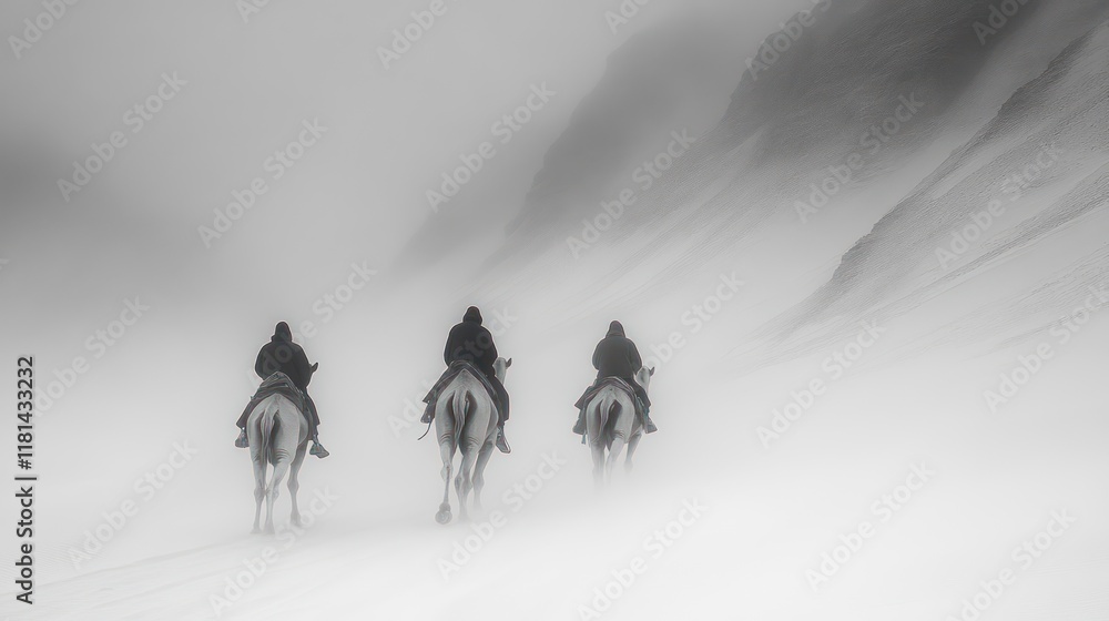 Fototapeta premium Three Riders in a Misty Mountain Pass