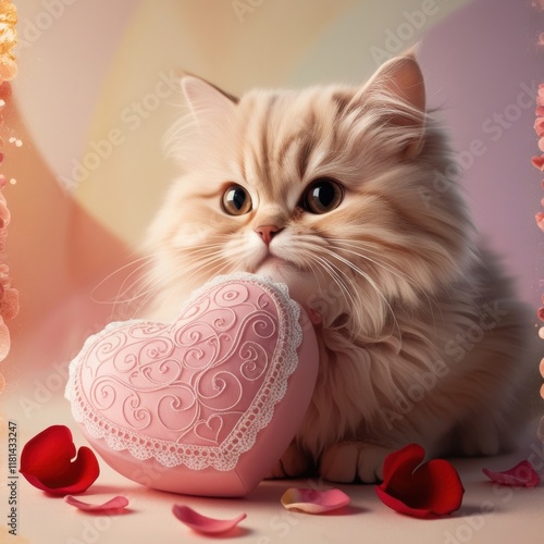 Cute Long-Haired Cat With Pink Heart-Shaped Hairball photo