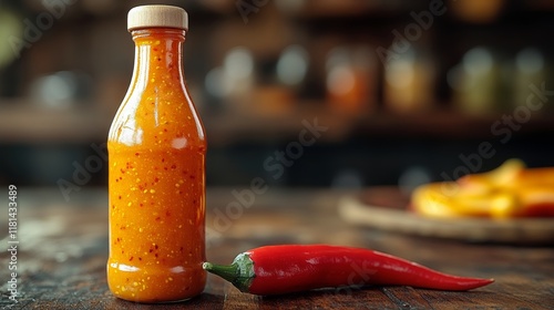 Spicy hot sauce with red chili peppers on a bold yellow background