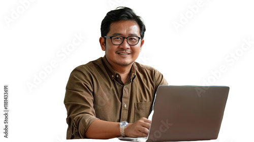 man smiling in front of laptop wearing glasses with no background removed transparent background