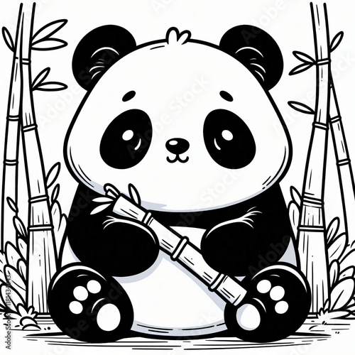 Black white lineart coloring book, cute animal character. easy coloring page for kids and adults. Cute little panda bear photo