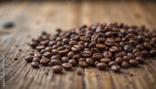 Close-up of Freshly Roasted Coffee Beans on Wooden Table photo