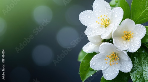 Fresh White Blossom with Raindrops on Leaves Against a Soft Green Background