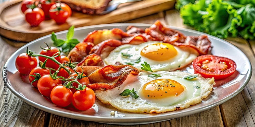 High-resolution panoramic image: sizzling fried eggs, crispy bacon, juicy tomatoes—a breakfast feast. High-resolution panoramic image: sizzling fried eggs, crispy bacon, juicy tomatoes—a breakfast feast.
