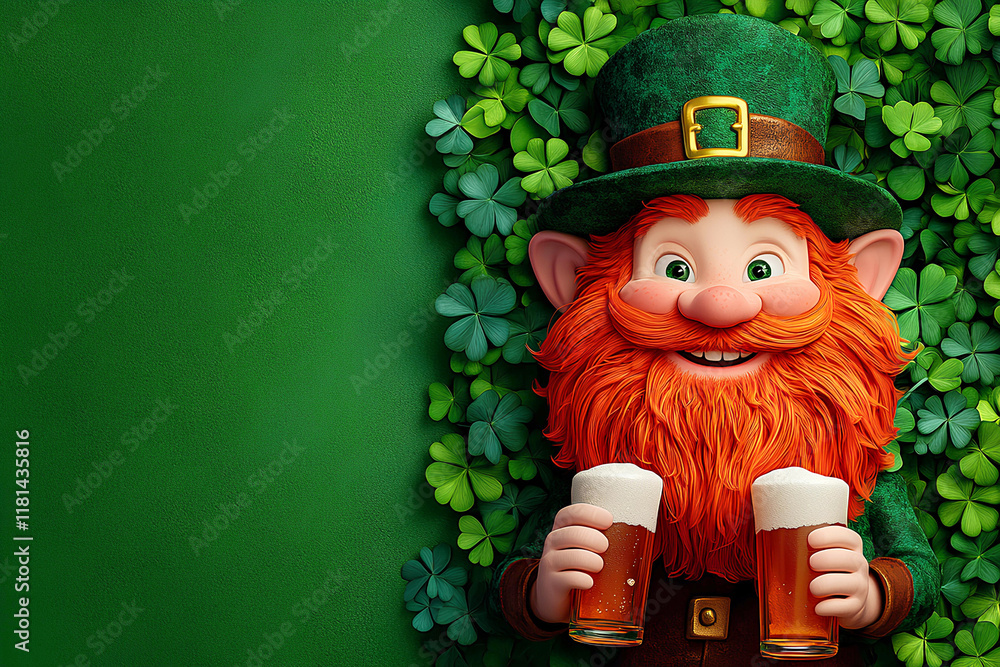 Illustration of playful Irish leprechaun with a red beard and green attire holding a glass of beer on a St. Patrick's Day-themed background. Banner with copy space. Illustration of playful Irish leprechaun with a red beard and green attire holding a glass of beer on a St. Patrick's Day-themed background. Banner with copy space.