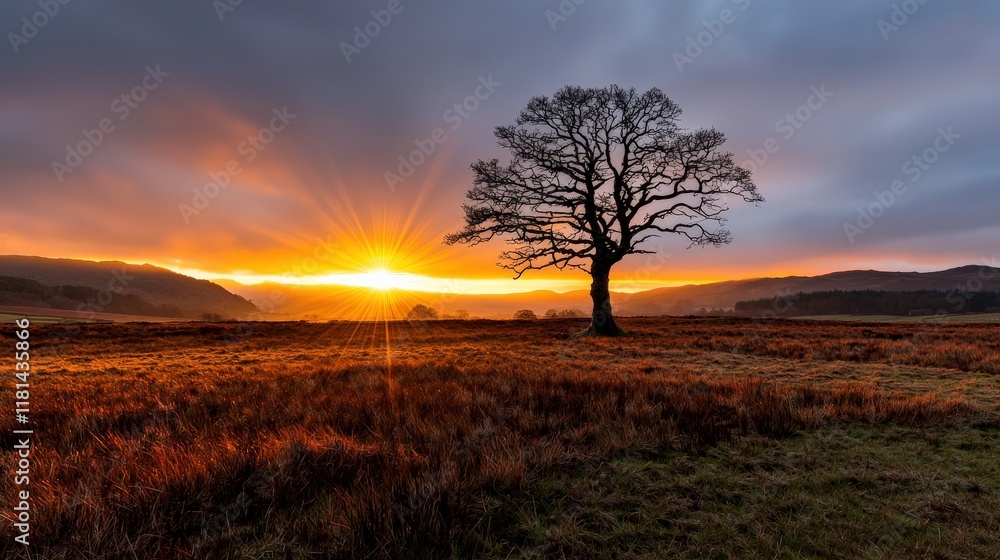 A sunburst effect spreading rays of golden light across a meadow at dawn, A sunburst effect spreading rays of golden light across a meadow at dawn,