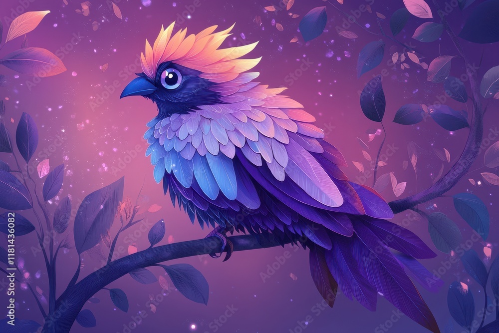 Fototapeta premium A vibrant iridescent bird perched on a branch among leaves