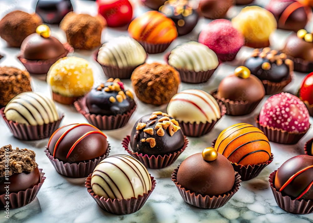 Indulge in exquisite gourmet chocolates; assorted flavors and textures await. High-resolution image included. Indulge in exquisite gourmet chocolates; assorted flavors and textures await. High-resolution image included.