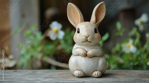 Cute decorative rabbit figurine placed on a wooden surface surrounded by gree...